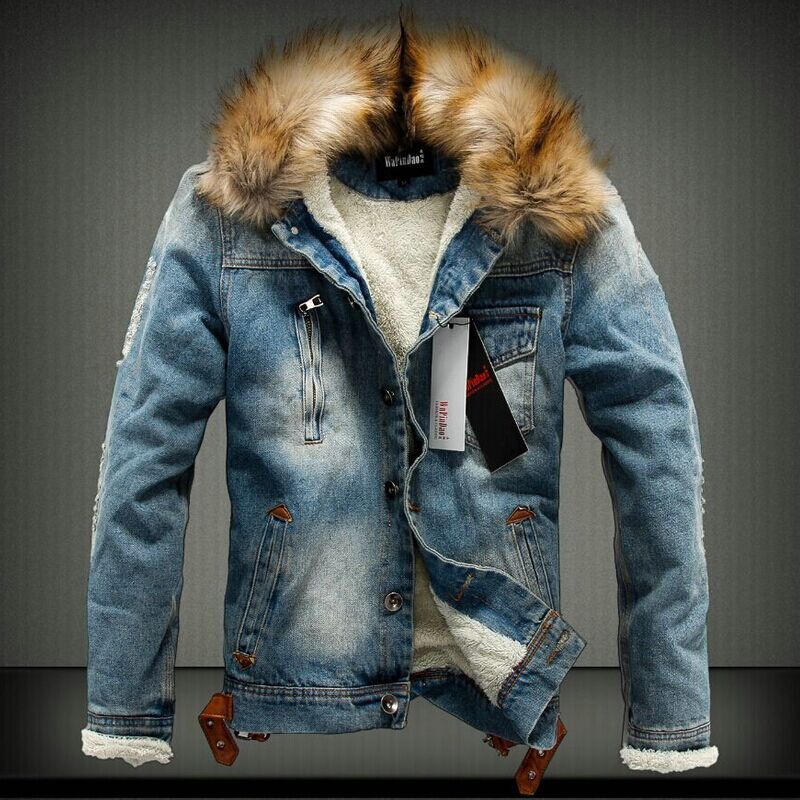 Men's Warm Denim Fur Hood Jacket