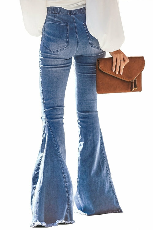 Women's Flare Jeans Elastic Waist Bell Bottom Raw Hem Denim