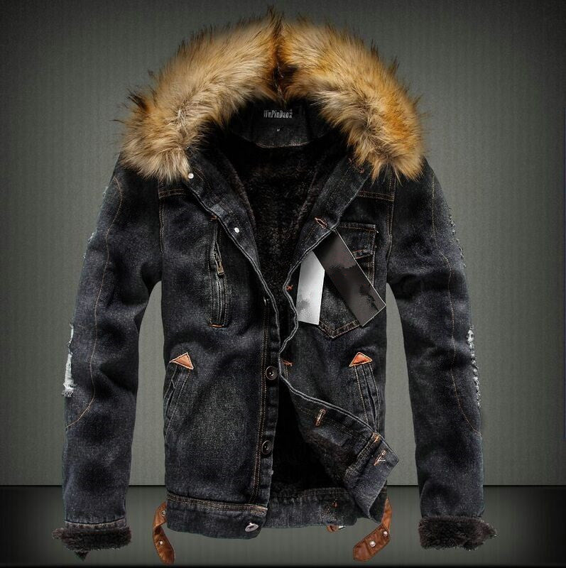 Men's Warm Denim Fur Hood Jacket