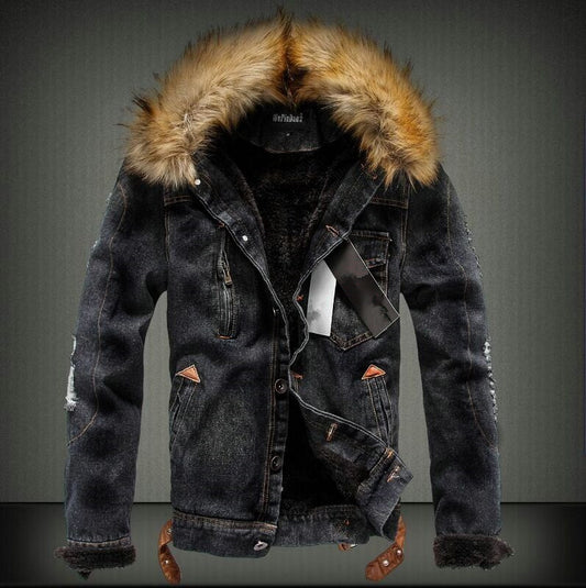 Men's Warm Denim Fur Hood Jacket