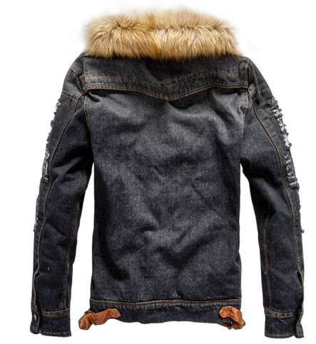 Men's Warm Denim Fur Hood Jacket