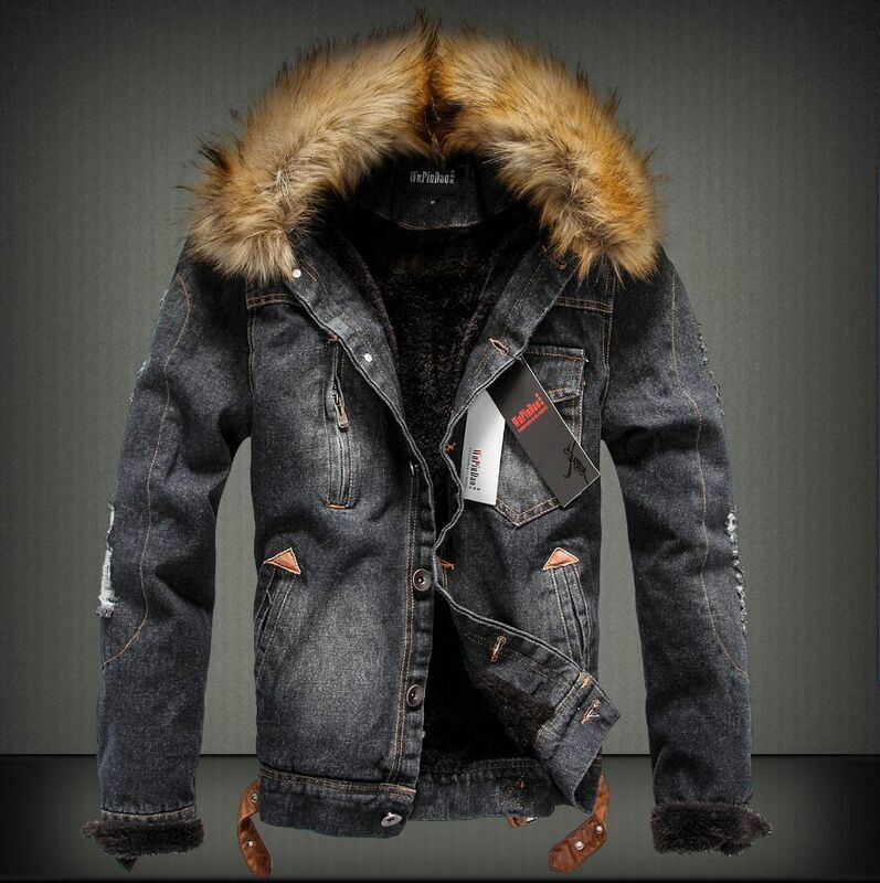 Men's Warm Denim Fur Hood Jacket