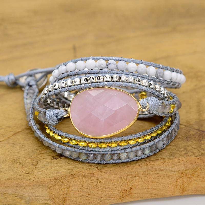 Egg-Shaped Powder Rose Quartz Healing Yoga Bracelet Natural Stone Wax Rope Hand-Woven Bracelet