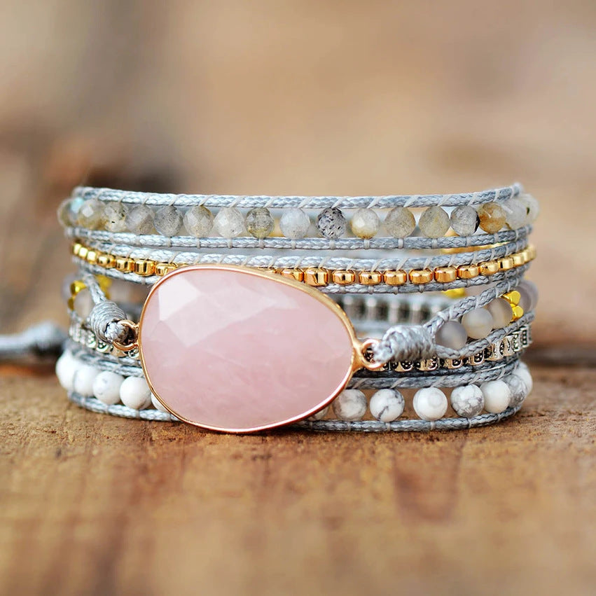 Egg-Shaped Powder Rose Quartz Healing Yoga Bracelet Natural Stone Wax Rope Hand-Woven Bracelet
