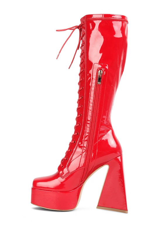 Women's Red Black Snowflakes Patent Leather High Platform Calf Boots