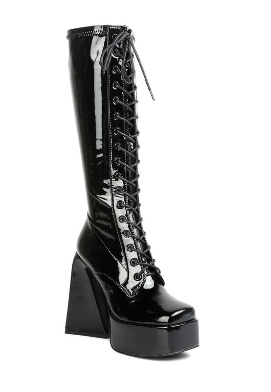 Women's Red Black Snowflakes Patent Leather High Platform Calf Boots