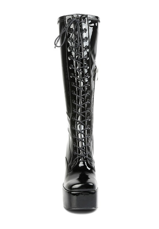 Women's Red Black Snowflakes Patent Leather High Platform Calf Boots