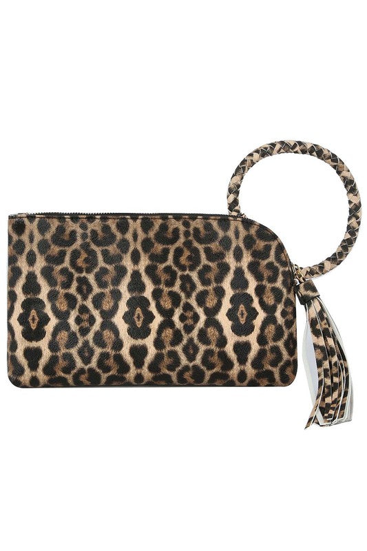 Women's Leopard Cuff Handle Tassel Wristlet Clutch