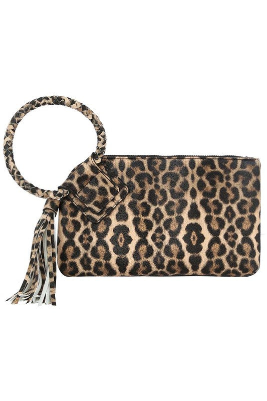 Women's Leopard Cuff Handle Tassel Wristlet Clutch