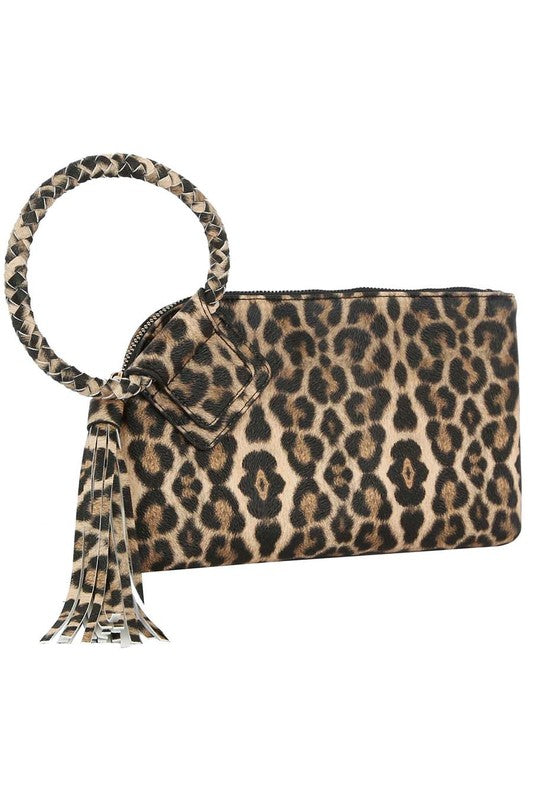 Women's Leopard Cuff Handle Tassel Wristlet Clutch