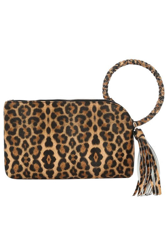 Women's Leopard Cuff Handle Tassel Wristlet Clutch