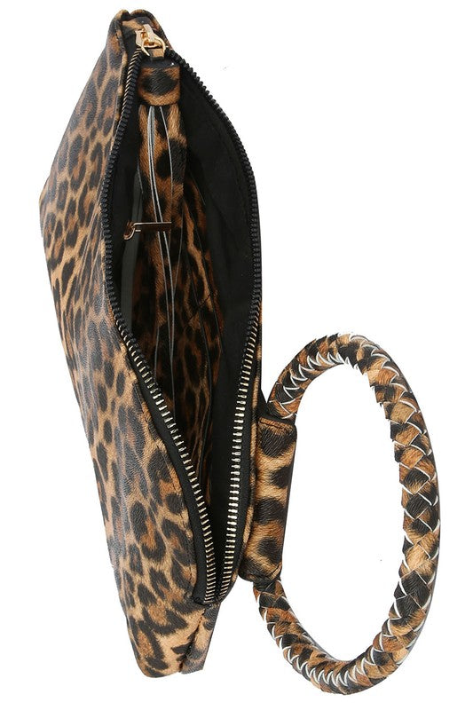 Women's Leopard Cuff Handle Tassel Wristlet Clutch