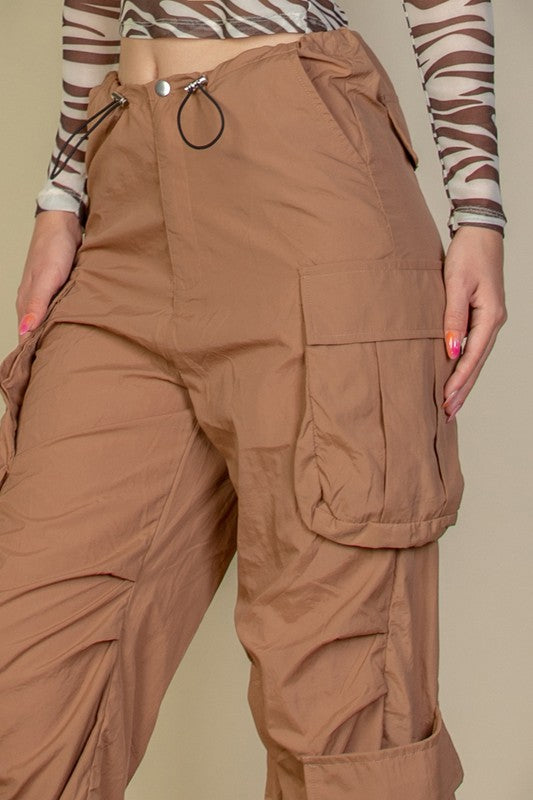 Women's Flap Pockets Drawstring Ruched Parachute Pants