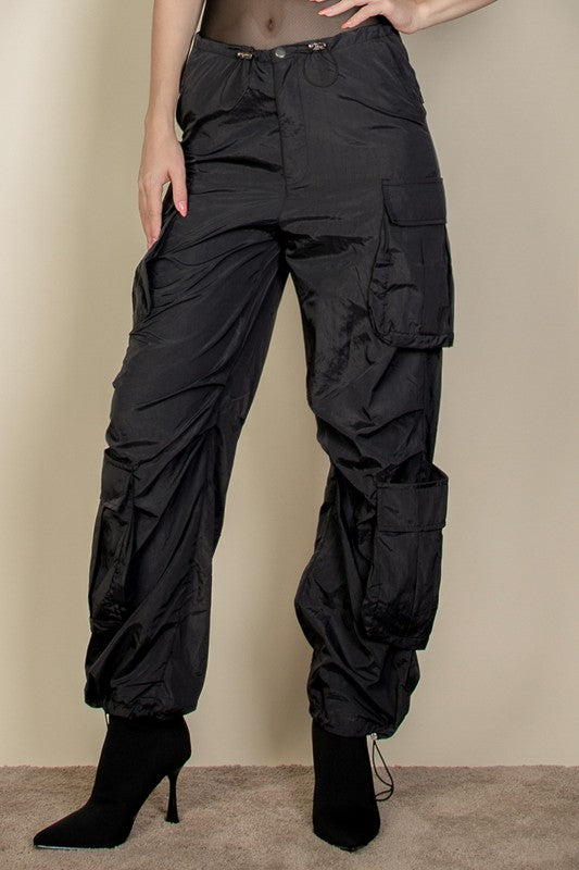 Women's Flap Pockets Drawstring Ruched Parachute Pants