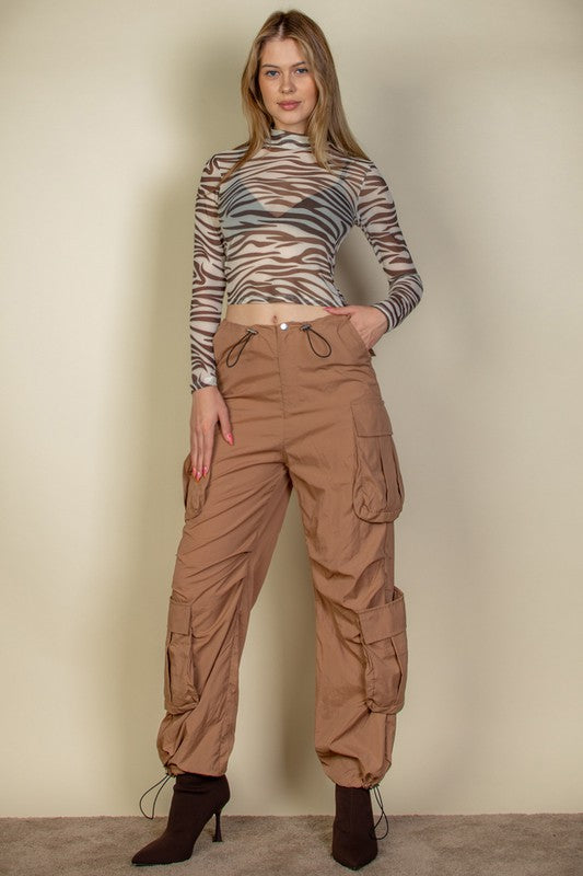 Women's Flap Pockets Drawstring Ruched Parachute Pants
