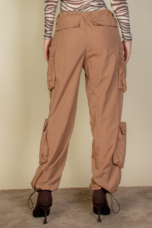 Women's Flap Pockets Drawstring Ruched Parachute Pants