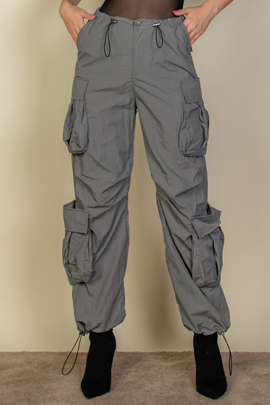 Women's Flap Pockets Drawstring Ruched Parachute Pants
