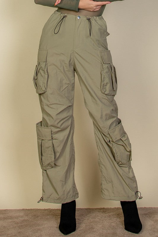 Women's Flap Pockets Drawstring Ruched Parachute Pants