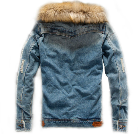 Men's Warm Denim Fur Hood Jacket