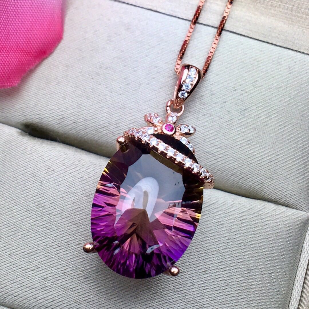 Women's Genuine Amethyst Precious Stone Pendant S925 Silver Necklace