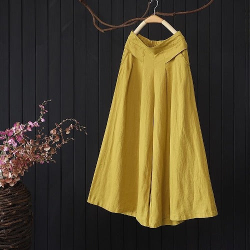 Women's Cotton and Linen Casual Retro Plus Size Wide Legs Cropped Pants