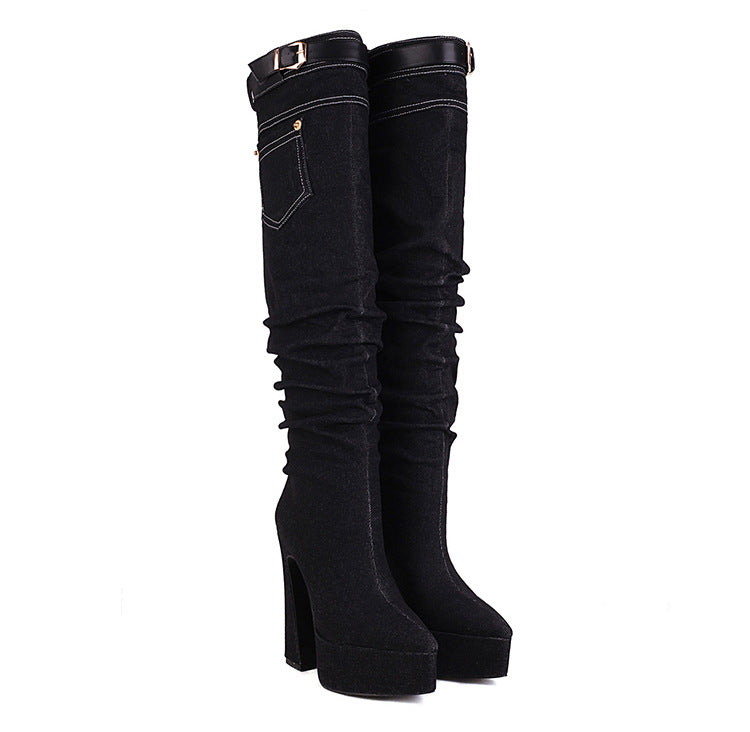Women's Pointed Toe Platform Chunky Heel Belted Denim Straight Leg Over the Knee Boots