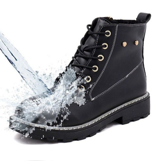 Waterproof Patent Leather Matte Black Ankle Boots