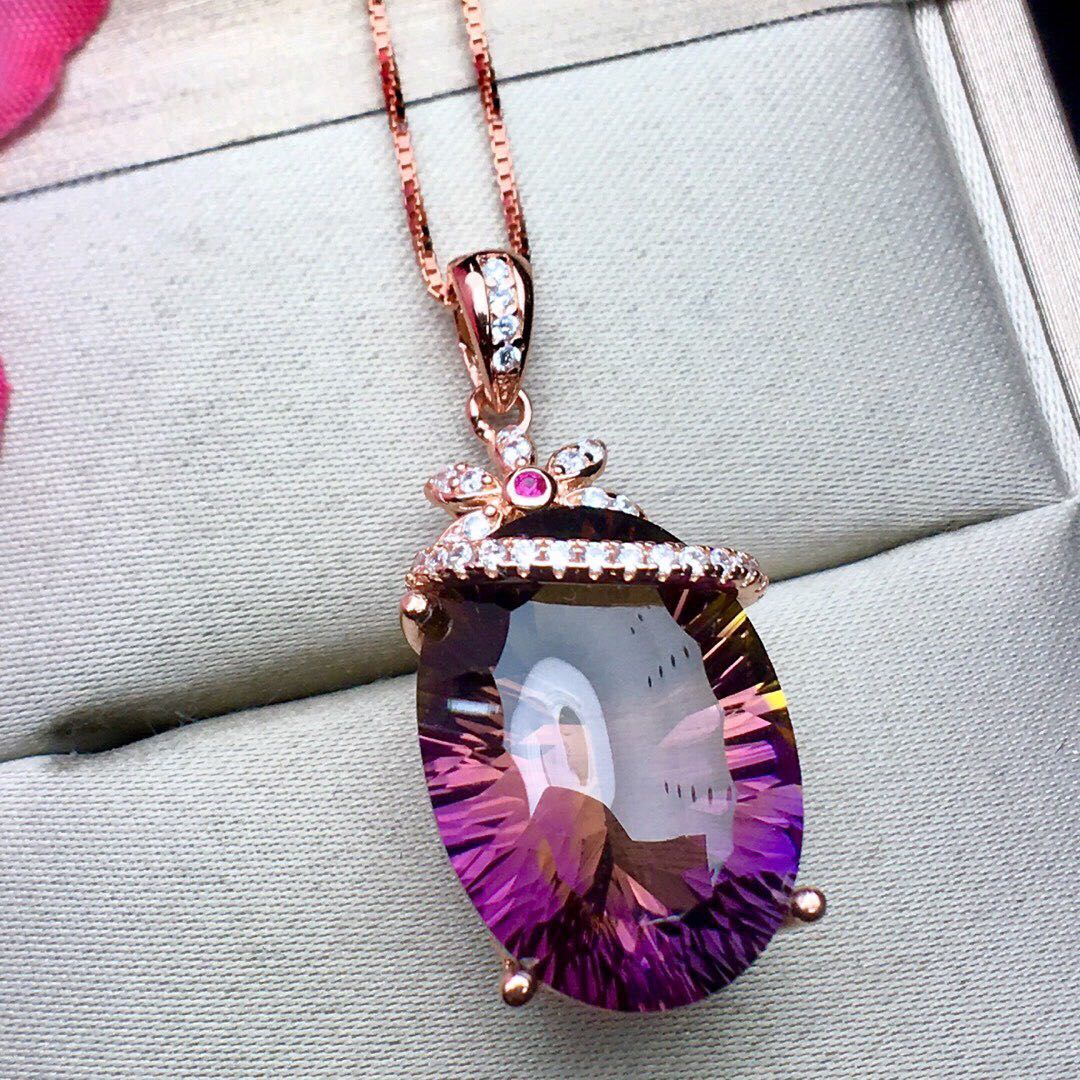 Women's Genuine Amethyst Precious Stone Pendant S925 Silver Necklace
