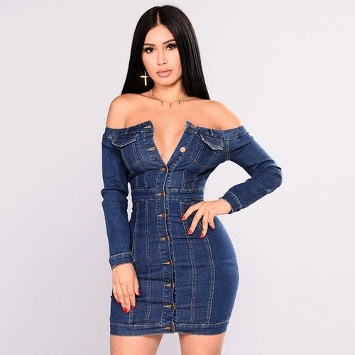 Women's Sexy Off Shoulder Denim Front Button Mini Dress