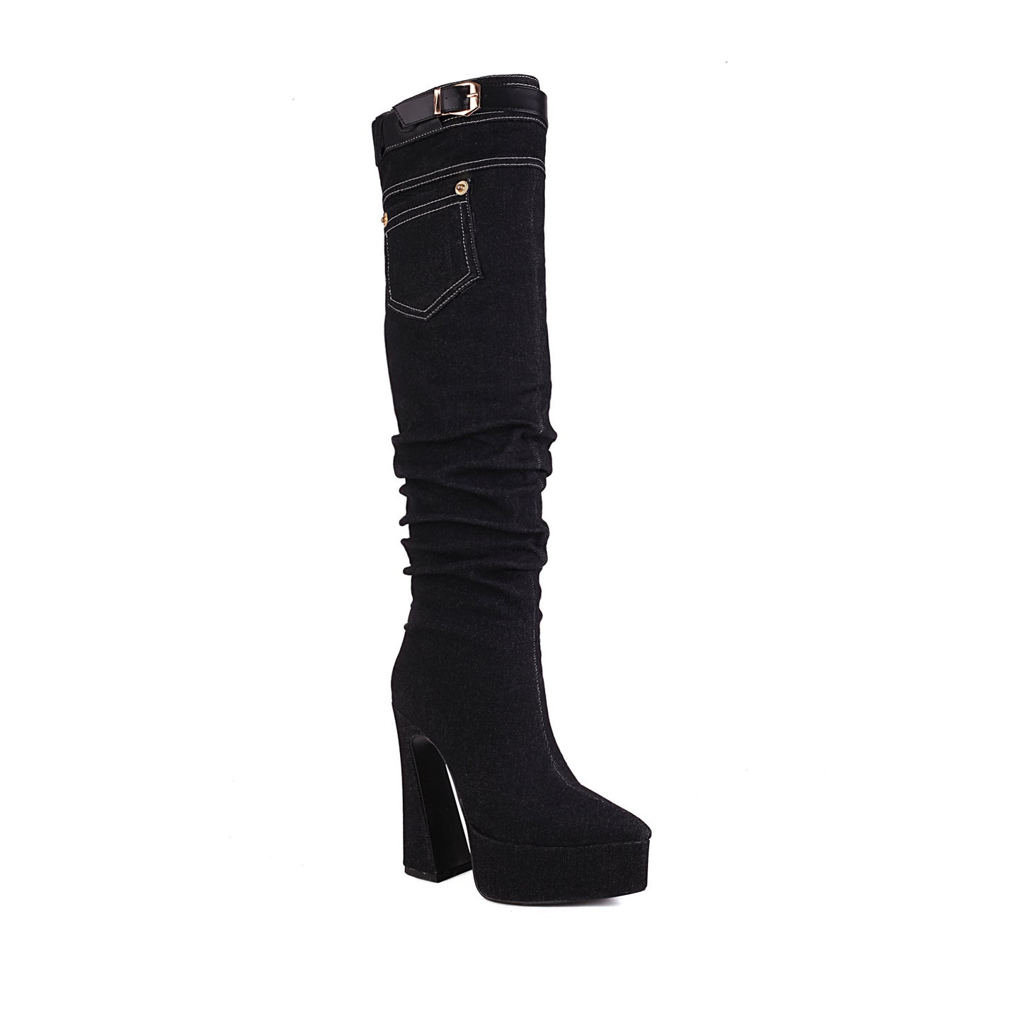 Women's Pointed Toe Platform Chunky Heel Belted Denim Straight Leg Over the Knee Boots