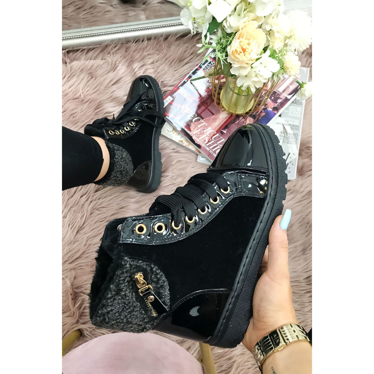 Girl's Black Lace Up Borg Fur Boots