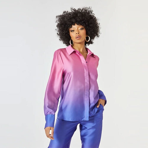 Women's Satin Casual Loose Gradient Blouse 2 Pcs Set