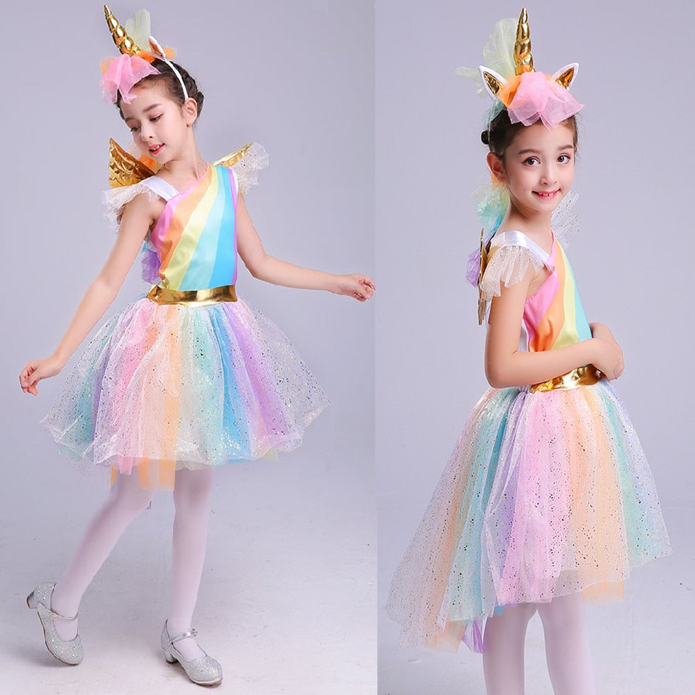 Girls' Dress Rainbow Unicorn Party With Headband