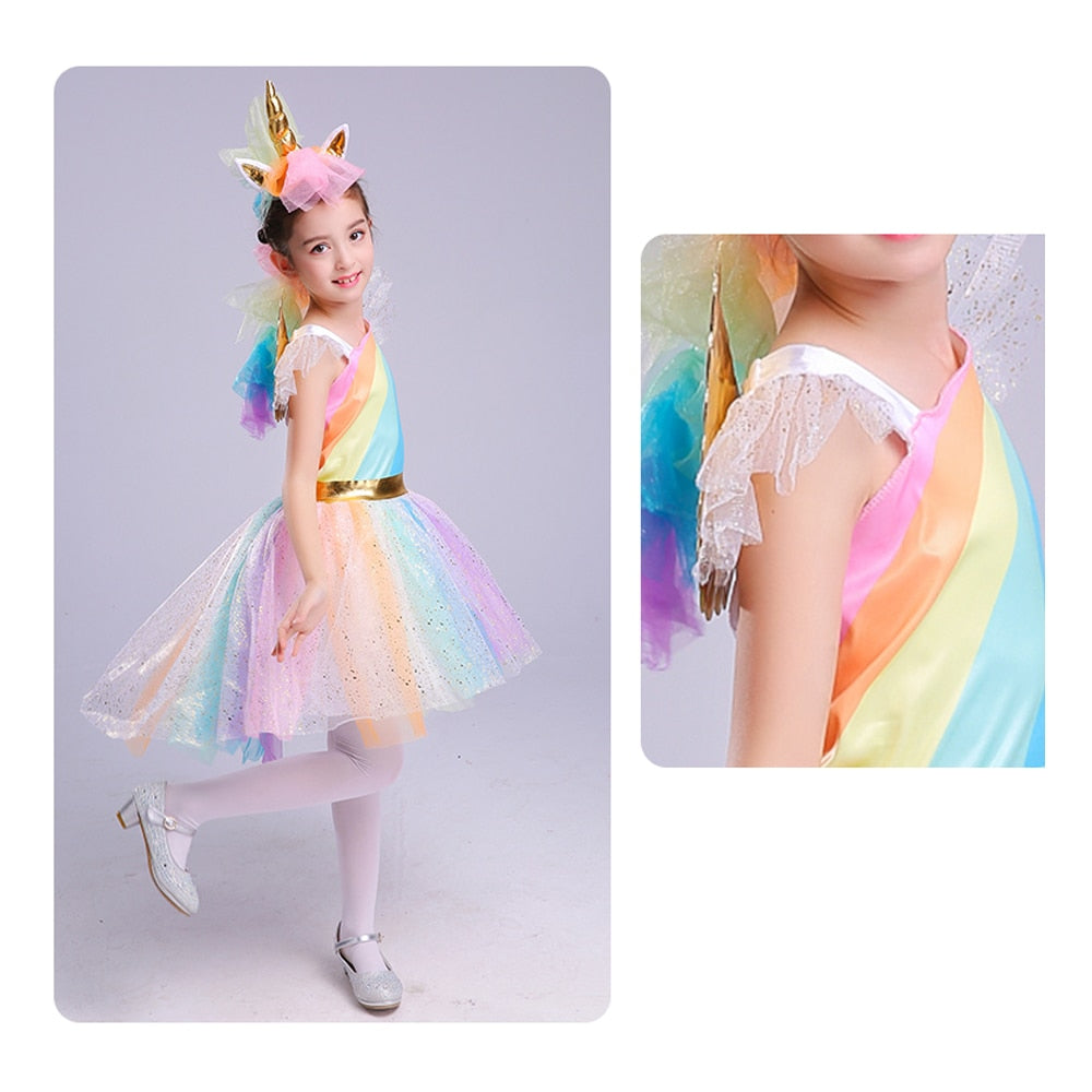 Girls' Dress Rainbow Unicorn Party With Headband