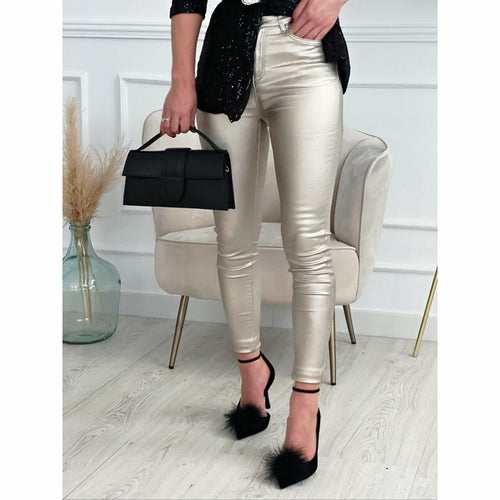 Women's Casual Metallic Silver & Gold Skinny Pocket Pants
