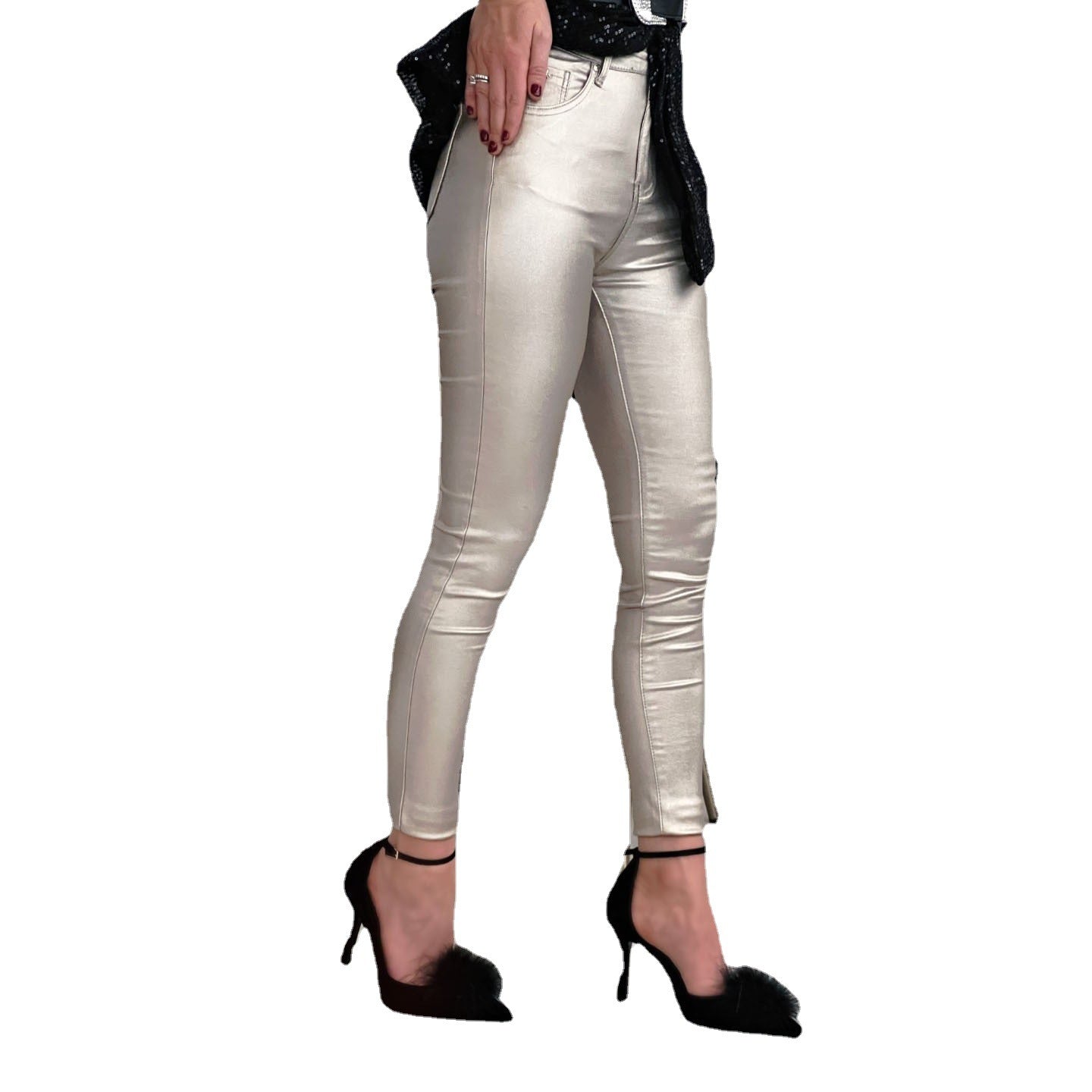 Women's Casual Metallic Silver & Gold Skinny Pocket Pants