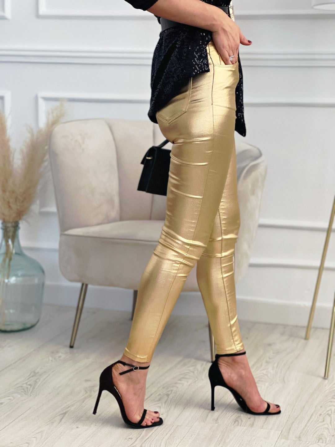 Women's Casual Metallic Silver & Gold Skinny Pocket Pants