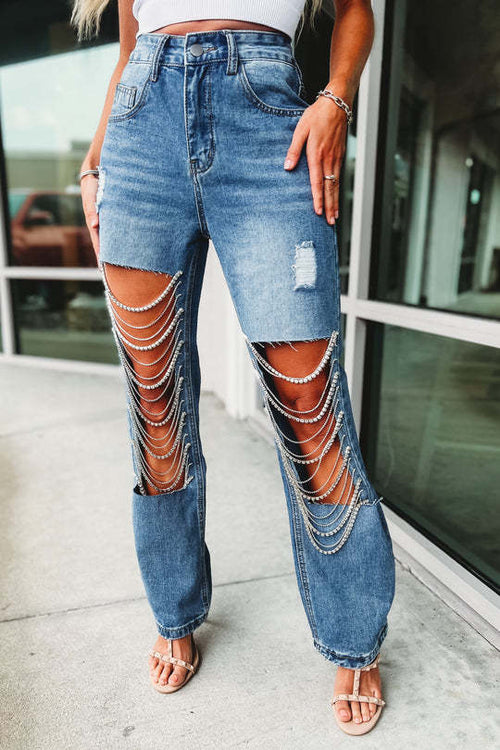 Women's Ripped Jeans Chain Hanging Ornament
