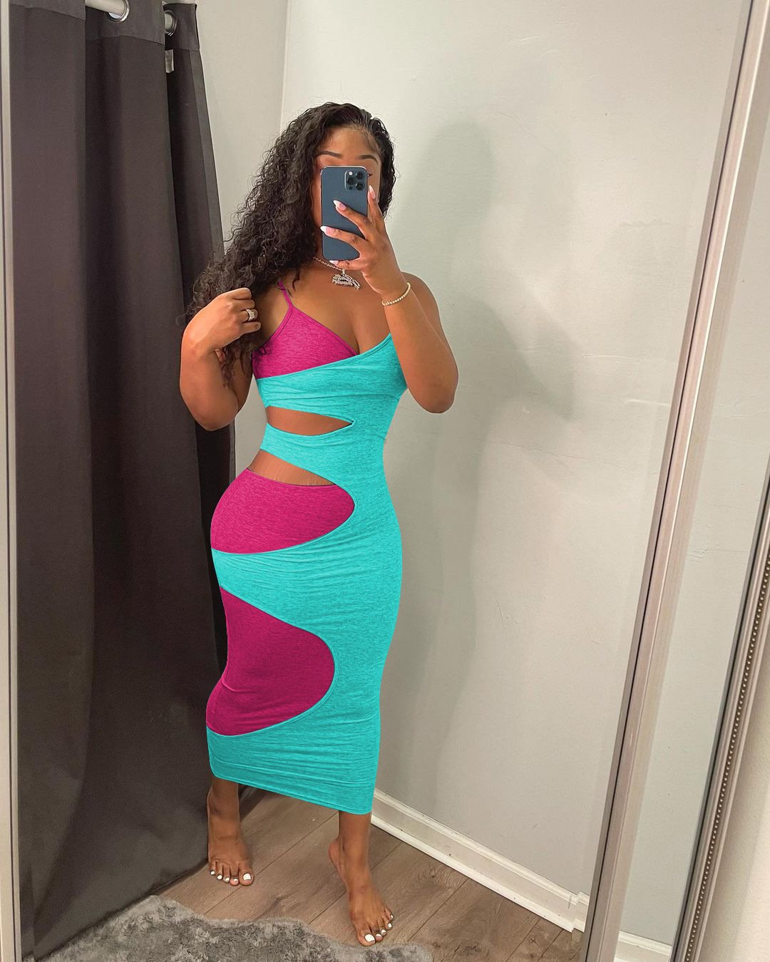 Women's Sexy Cut Out Sleeveless Strap V-neck Stretchy Bodycon Dress