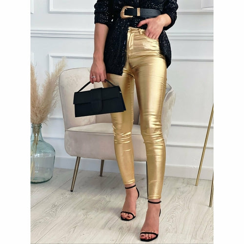 Women's Casual Metallic Silver & Gold Skinny Pocket Pants