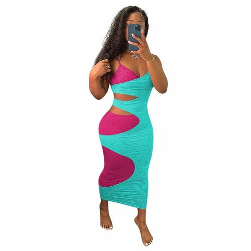 Women's Sexy Cut Out Sleeveless Strap V-neck Stretchy Bodycon Dress