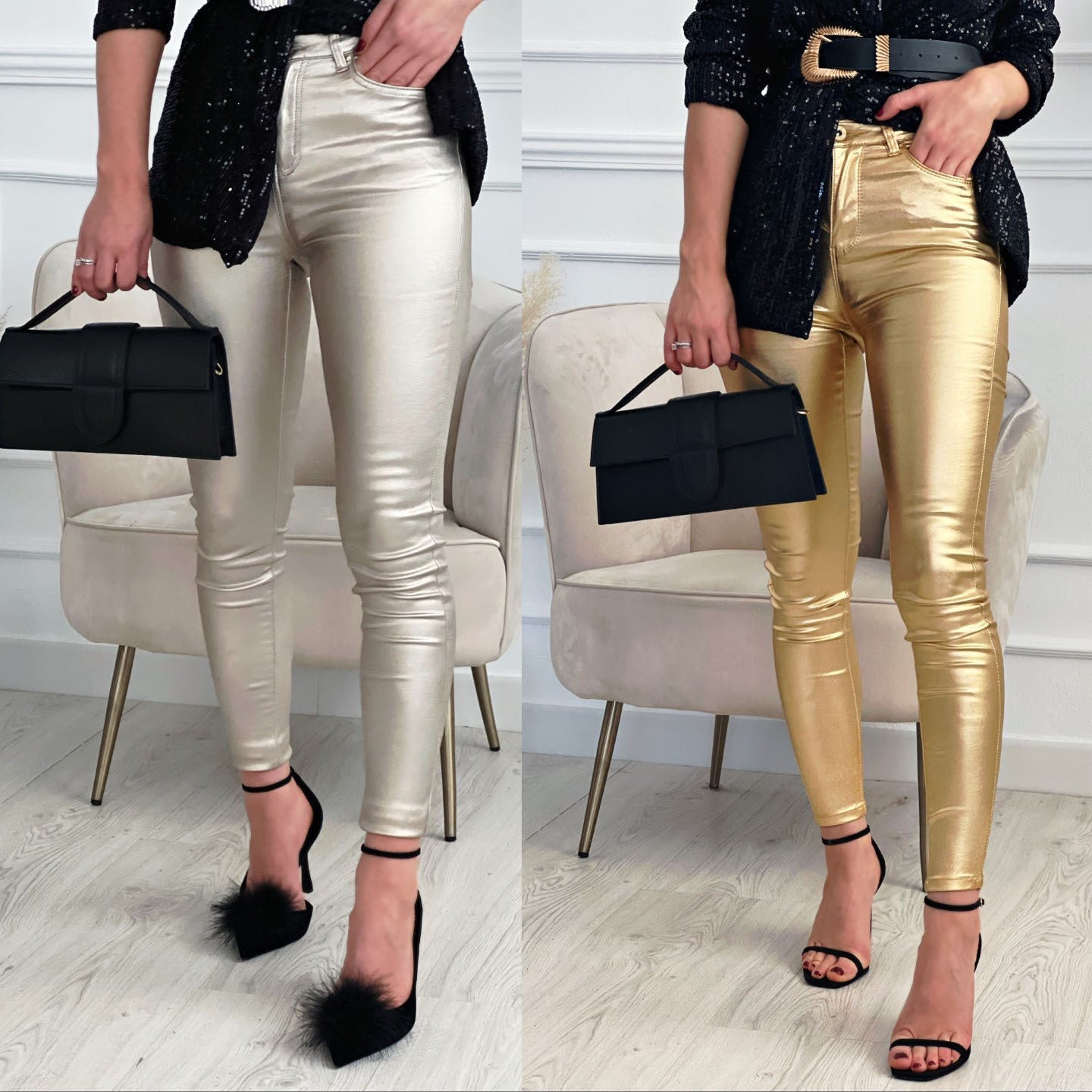 Women's Casual Metallic Silver & Gold Skinny Pocket Pants