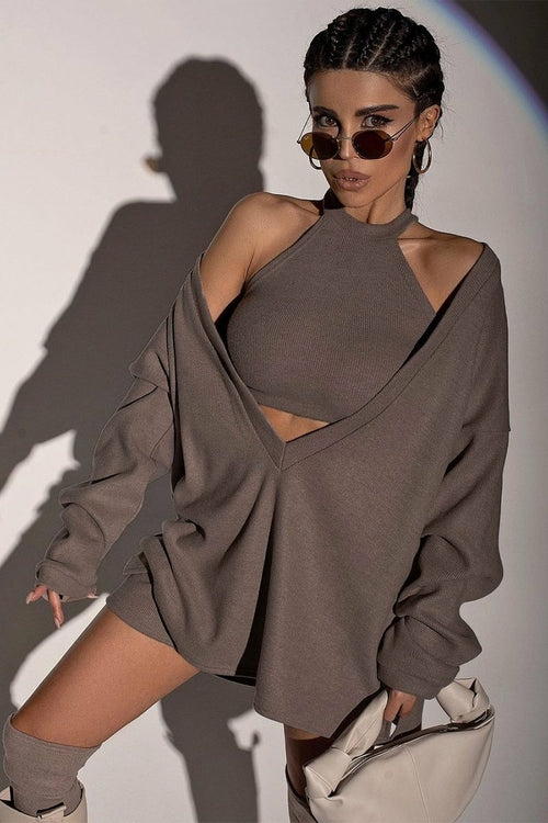 Women's Knitted 2 Pieces V-Neck Long Sleeve Set