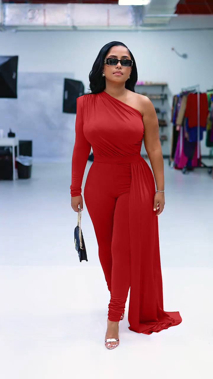 Women's One Shoulder Long Sleeve Casual Jumpsuits