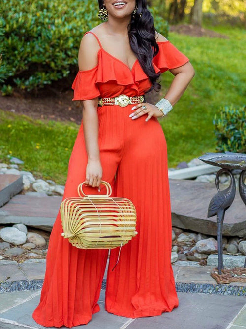 Women's Short Sleeve Off Shoulder Jumpsuit Summer Chic Wide Leg, No Belt
