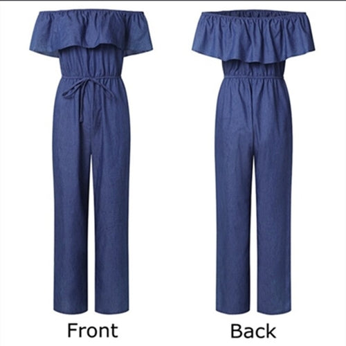 Women's Ruffled Off Shoulder Pocket Wide-Leg Long Denim Jumpsuit