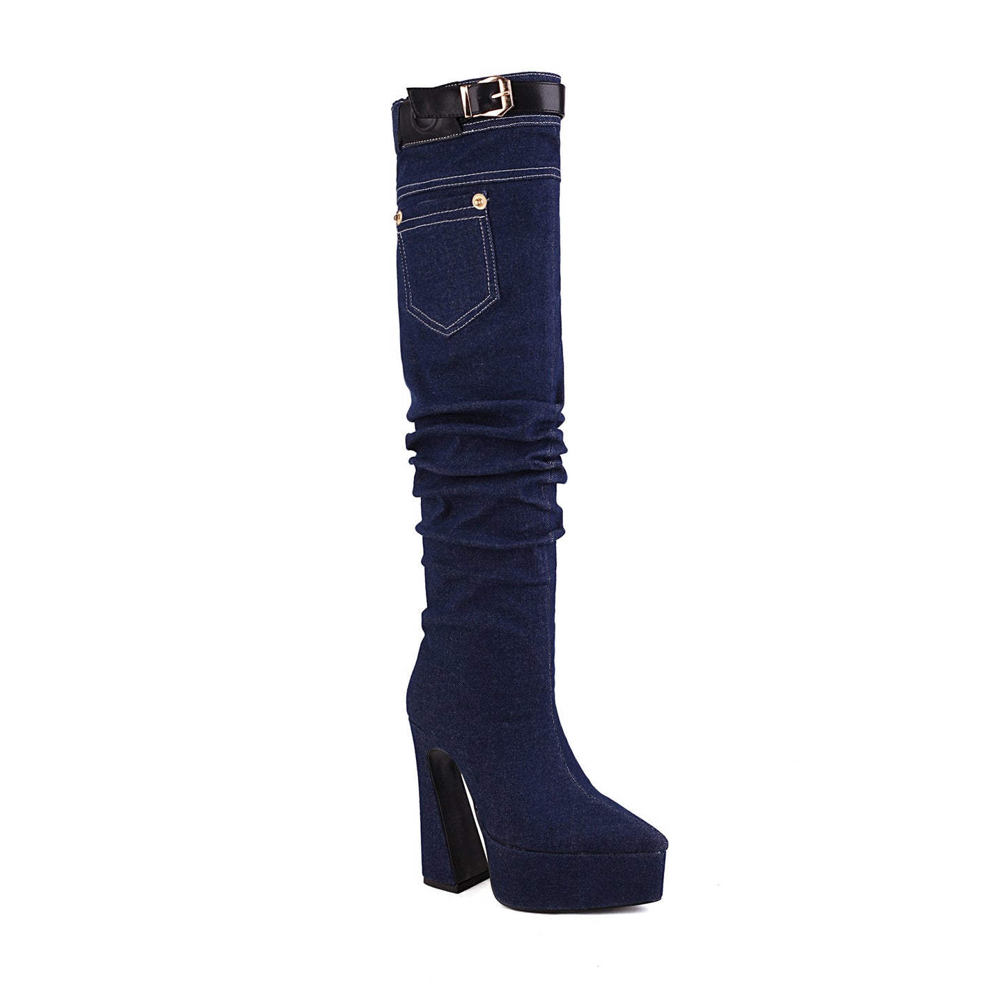 Women's Pointed Toe Platform Chunky Heel Belted Denim Straight Leg Over the Knee Boots