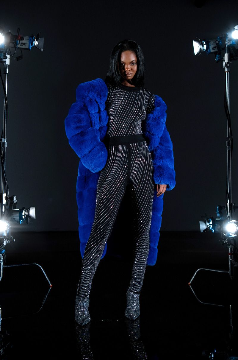Thickened Royal Blue Faux Fur Long Warm Hooded Coat