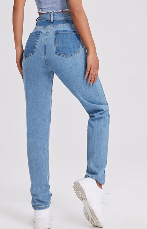 Women's High Waist Colorblock Design Straight Leg Jeans