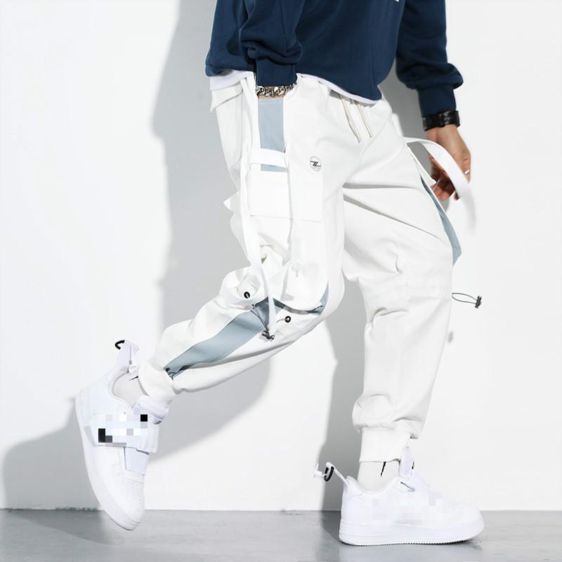 White March Wind Mens Cargo Pants Hip Hop Pockets Joggers Streetwear Casual